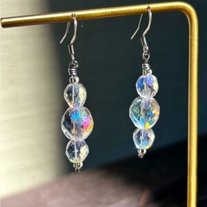 Handmade Vintage Crystal Glass AB Aurora Borealis Sparkly Dangle Earrings
